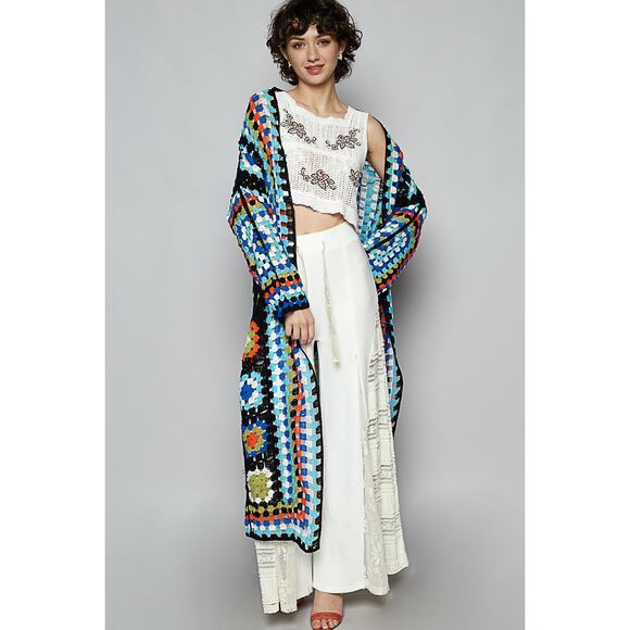 POL Granny Square Crochet Duster BLACK Multi Color - OS - Picture 3 of 3